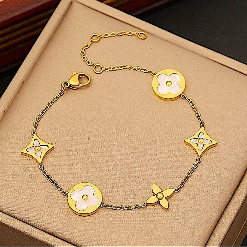 Gold Four Leaf Clover Bracelet, Charm, LV Luxury Chain Link Gift Gir…